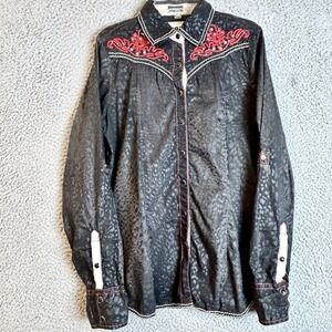Roar Womens Western Button Up Shirt Rhinestones Leopard Print Size Medium Y2K